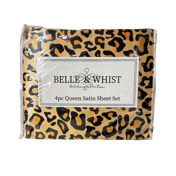 Belle & Whist Queen Satin Sheet 4 Piece Set Cheetah Pattern NWT - Picture 1 of 4